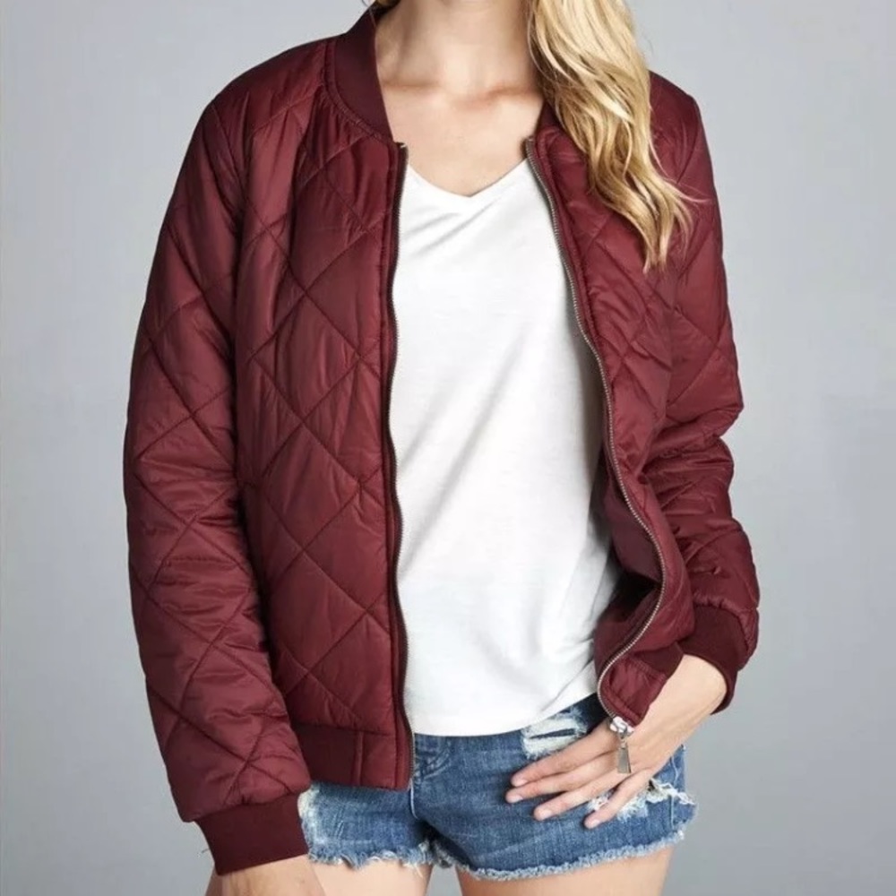 NWT burgundy quilted bomber jacket size S